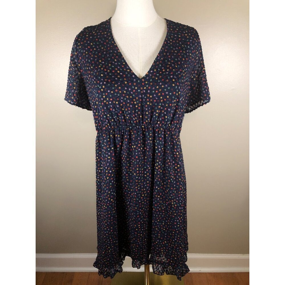 Madewell Flutter Sleeve Ruffle Hem Navy Dress in Sugar Dot - Size 10 - Picture 3 of 12